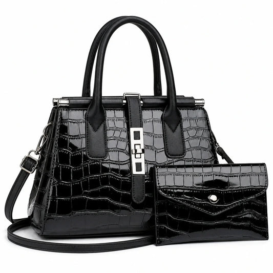 Gradient Crocodile Pattern Plutonium Leather Tote & Crossbody Set - Vero