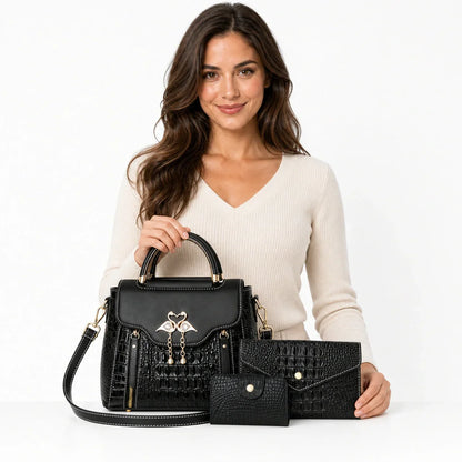 Crocodile Embossed Leather Handbag Set - Vexo