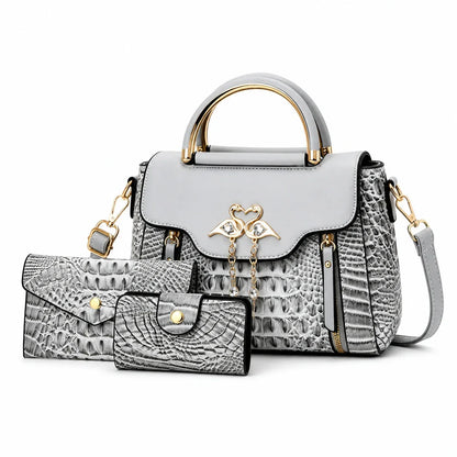 Crocodile Embossed Leather Handbag Set - Vexo