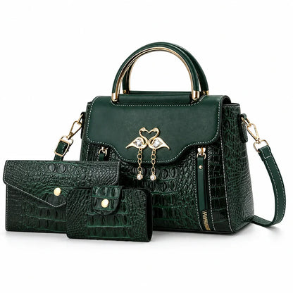 Crocodile Embossed Leather Handbag Set - Vexo